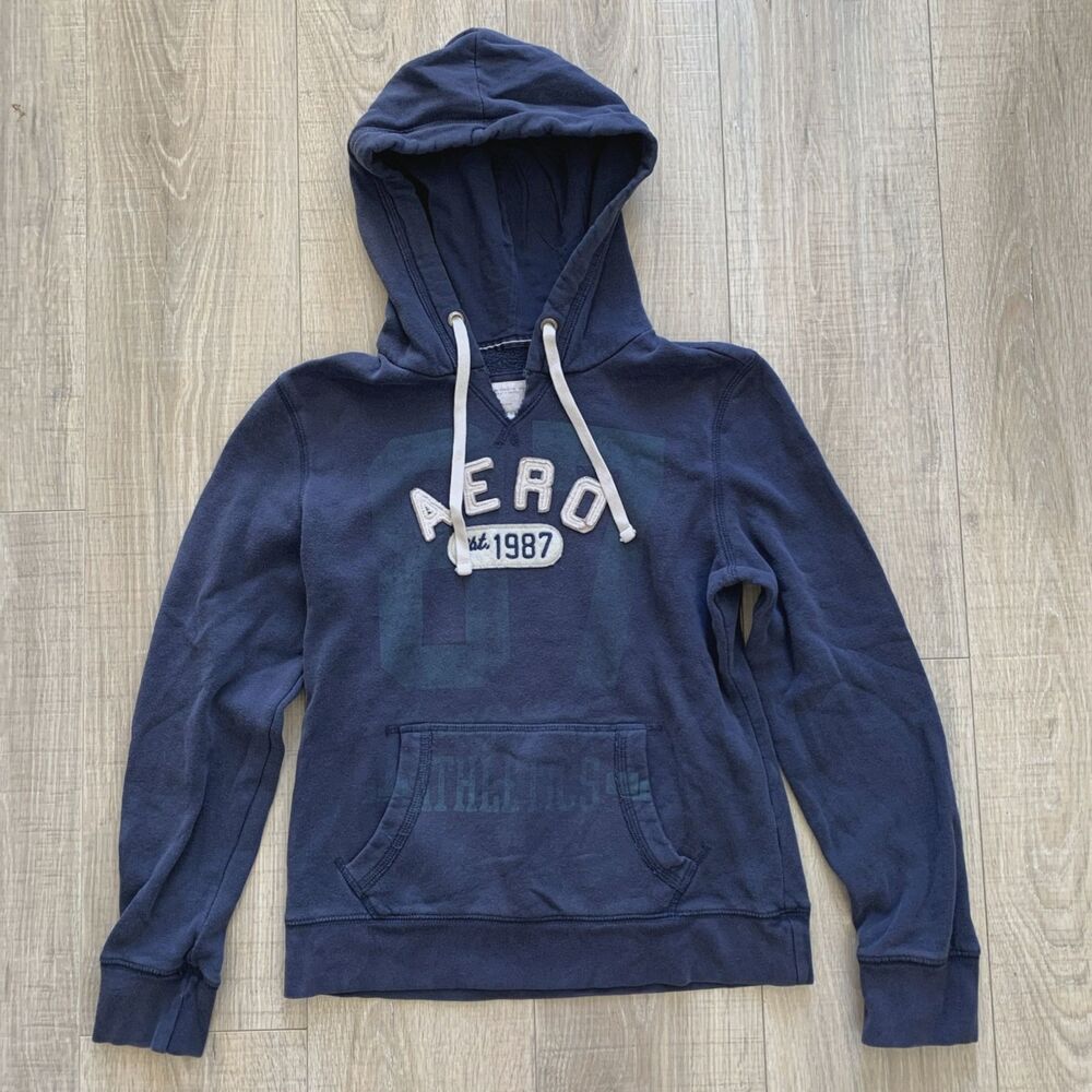 Aeropostale Aero Hoodie Sweatshirt Pullover Navy Blue White Womens L